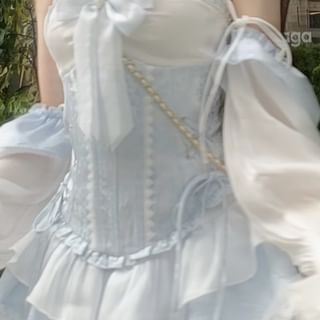 Puff-Sleeve Off-Shoulder Two Tone Lace Trim Mini A-Line Dress / Patterned Lace-Up Corset Belt