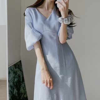 Puff-Sleeve V-Neck Plain Midi A-Line Dress