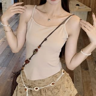 Plain Tassel Detail Cropped Sweater / Cami Top / Mid Rise Distressed Asymmetrical Mini A-Line Skirt / Beaded Waist Chain