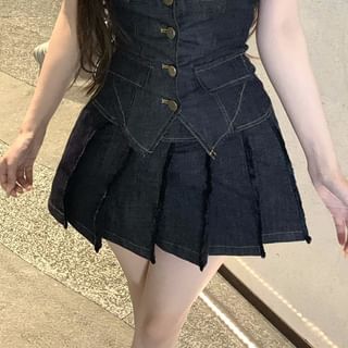 Lace Trim Button-Up Denim Halter Top / Mid Low Rise Pleated Mini A-Line Skirt