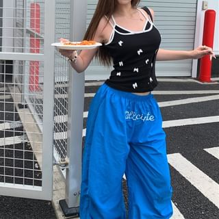 Bow Cami Top / Elastic Waist Plain Wide Leg Pants