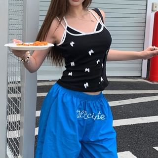 Bow Cami Top / Elastic Waist Plain Wide Leg Pants