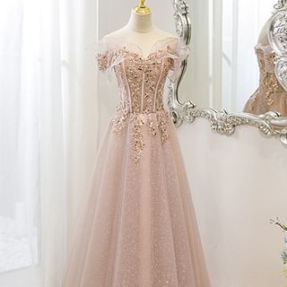 A-Line Shoulder Gown Sequin Mesh Evening Off Short-Sleeve