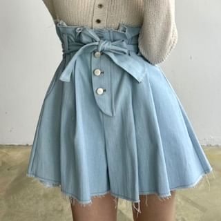 Jupe trapèze mini taille haute en denim délavé