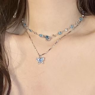 Set:  Butterfly Pendant Alloy Necklace + Faux Crystal Alloy Choker