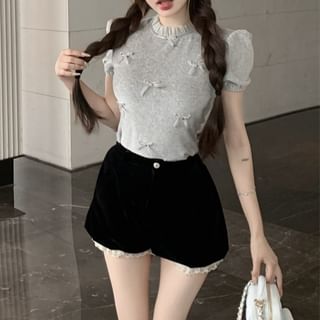 Short Sleeve Crew Neck Plain Bow Frill Top / High Waist Panel Velvet Shorts