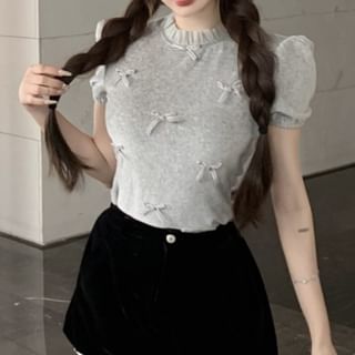 Short Sleeve Crew Neck Plain Bow Frill Top / High Waist Panel Velvet Shorts