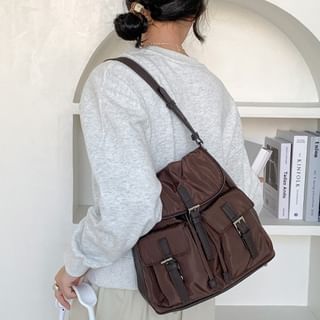 Plain Buckled Nylon Flap Tote Bag