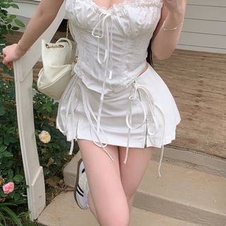 Plain Tie Front Ruched Panel Cami Top / High Rise Pleated Mini A-Line Skirt