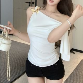 Sleeveless One Shoulder Plain Tie-Up Top