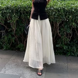 Square Neck Plain Button Tank Top / High Rise Plain Maxi A-Line Skirt