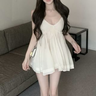 Spaghetti Strap V-Neck Plain Lace Trim Mini Sundress