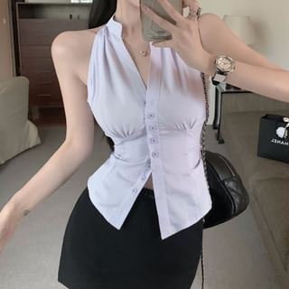 Sleeveless V-Neck Striped Button-Up Shirt / High Rise Mini Pencil Skirt