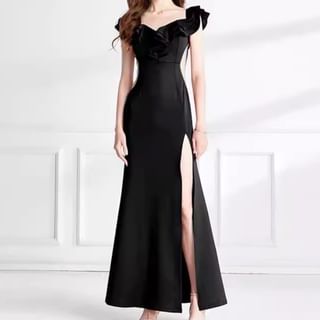 Plain Mermaid Ruffle Evening Gown Short-Sleeve Side-Slit