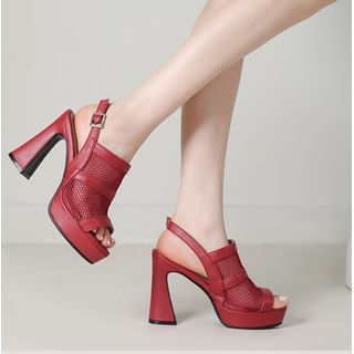 Platform Slingback Panel Mesh Block Heel Sandals