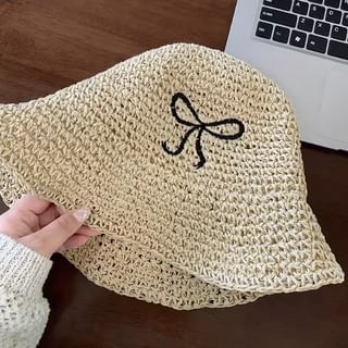 Bow Embroidered Knit Bucket Hat