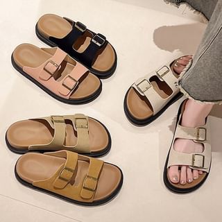 Double Buckle Plain Slide Sandals