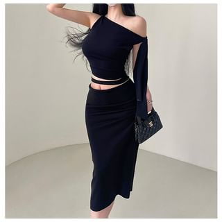 One-Shoulder Tie-Up Top with Cutout Midi Pencil Skirt
