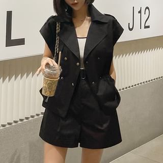 Short-Sleeve Notch Lapel Plain Peplum Double-Breasted Jacket