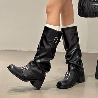 Chunky Heel Plain Buckled Faux Leather Tall Boots