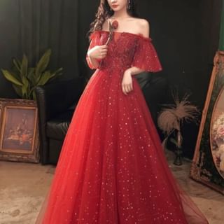 A-Line Sequin Gown Short-Sleeve Evening