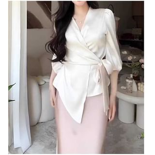 V-Neck Wrap Satin Blouse with High-Waist Mermaid Maxi Skirt