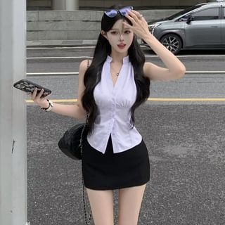 Halter Neck Button Blouse with Mini Pencil Skirt