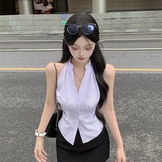 Halter Neck Button Blouse with Mini Pencil Skirt