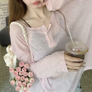 Long-Sleeve Henley Open Back Ribbed Tee with Drawstring Waist Melange Mini Pencil Skirt