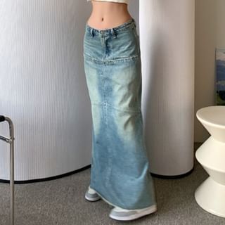 Elevated Waist Faded Denim Maxi Slim Skirt