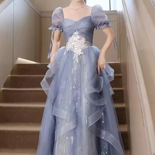 Short Sleeve Square Neck A-Line Evening Gown