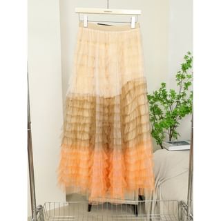 Color Block Ruffle Tiered Maxi Skirt with High Waist
