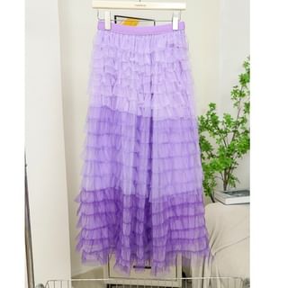 Color Block Ruffle Tiered Maxi Skirt with High Waist