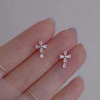 Boucles d'oreilles à tige en argent sterling 925 avec strass et croix