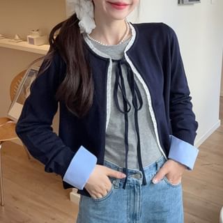 Crew Neck Two Tone Tee with Tie Front Cardigan