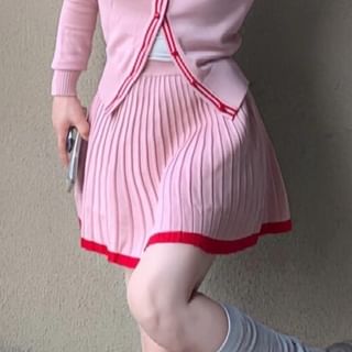 V-Neck Contrast Cardigan with Mini A-Line Skirt