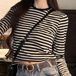 Long-Sleeve Round Neck Striped Tee