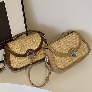 Two Tone Straw Flap Crossbody Bag