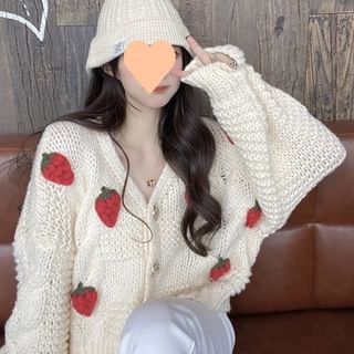 3D-Strawberry Crochet-Knit V-Neck Cardigan