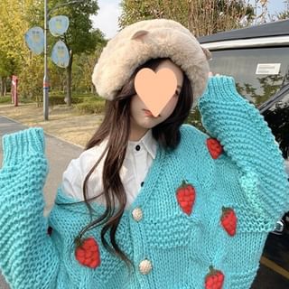 3D-Strawberry Crochet-Knit V-Neck Cardigan