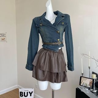 Set: Lapel Collar Denim Jacket + Faux Leather Mini Skirt + Belt