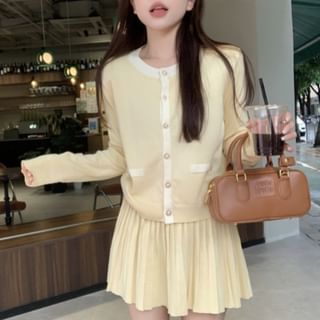 Round Neck Two Tone Cardigan & Pleated Mini Skirt