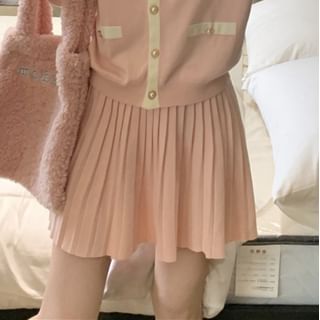 Round Neck Two Tone Cardigan & Pleated Mini Skirt