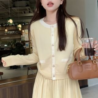 Round Neck Two Tone Cardigan & Pleated Mini Skirt