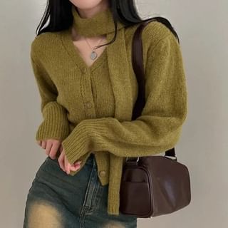 Long Sleeve V-Neck Crop Cardigan with Choker