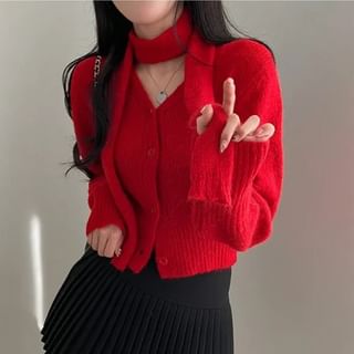 Long Sleeve V-Neck Crop Cardigan with Choker