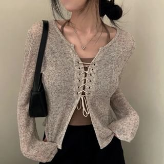 Lace Up Melange Knit Cardigan & Halter Cami Set