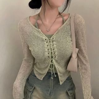 Lace Up Melange Knit Cardigan & Halter Cami Set