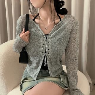 Lace Up Melange Knit Cardigan & Halter Cami Set