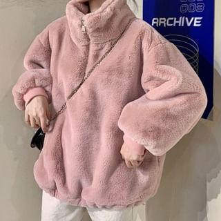 Stand Collar Plain Fluffy Half Zip Jacket